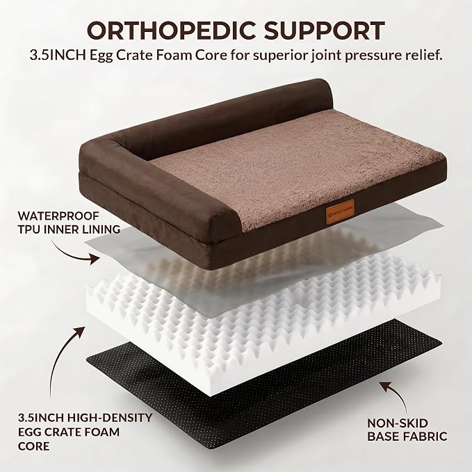 Patas Lague Orthopedic XL Dog Bed Large Sized Dog 48''X30'', Waterproof L Bolster Big Large Pet Sofa Beds with Removable Washable Cover, Soft Pet Couch Crate Mat with Nonskid Bottom, Brown