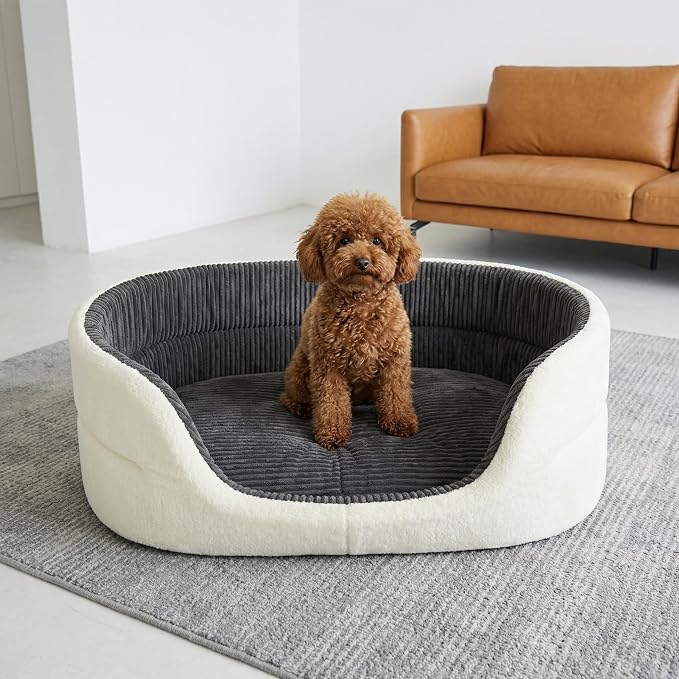 Medium Dog Bed Cat Bed 18x26 Inch, Calming Pet Bed for Dogs & Cats, Machine Washable Dog Bed，Half-Enclosed Open-Top Velvet Anti-Anxiety Bed, Cozy Snuggle Bed (White)