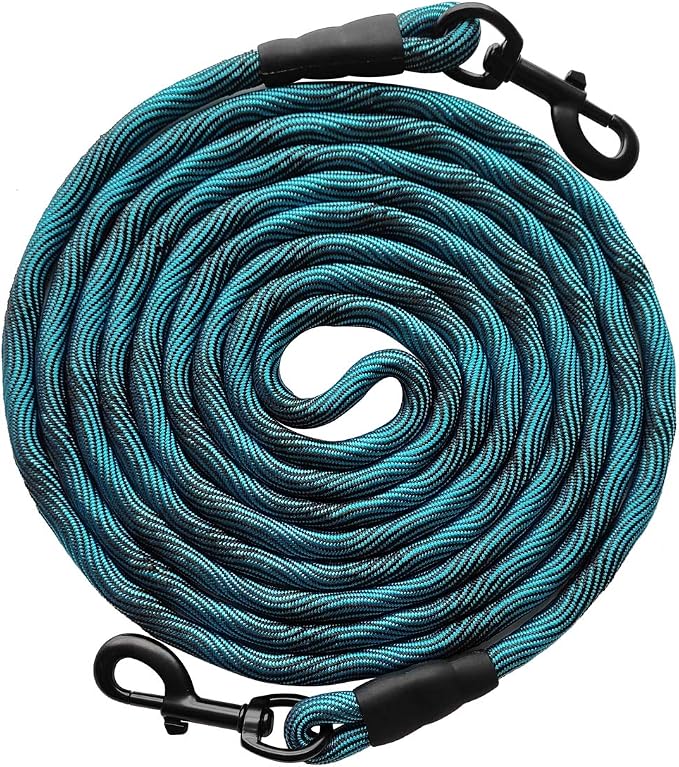 BTINESFUL Dog Tie-Out Check Cord Long Tether Rope Leash, 8ft 12ft 20ft 30ft 50ft Recall Training Dog Lead for Yard- Large Medium Dogs Outside Playing, Camping, or Backyard (20ft, Blue Black)