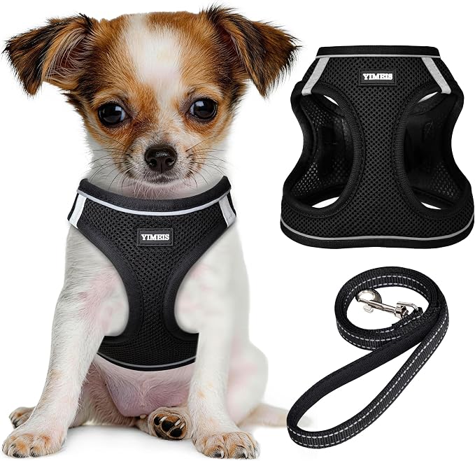 YIMEIS Dog Harness and Leash Set, No Pull Soft Mesh Pet Harness, Reflective Adjustable Puppy Vest for Small Dogs, Cats (S, Black)
