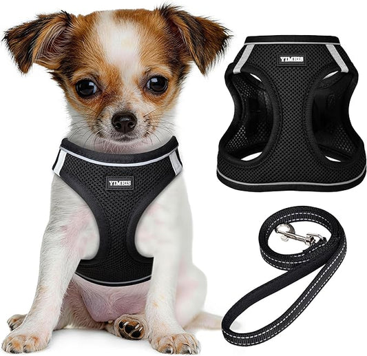 YIMEIS Dog Harness and Leash Set, No Pull Soft Mesh Pet Harness, Reflective Adjustable Puppy Vest for Small Dogs, Cats (M, Black) fit Small