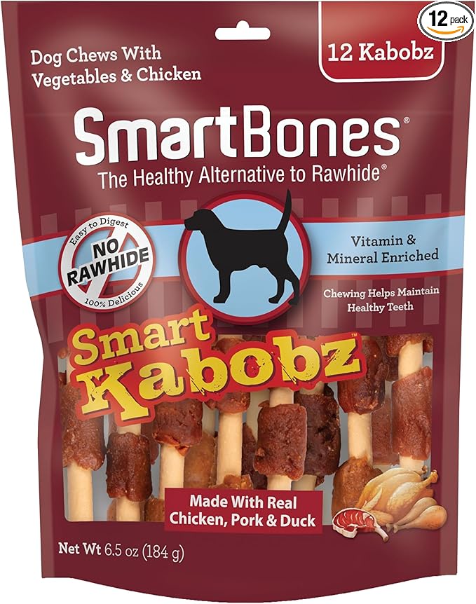 SmartBones Smart Kabobz, Treat Your Dog to a Rawhide-Free Chew Made With Real Chicken, Beef and Pork, 12 Count (Pack of 1)