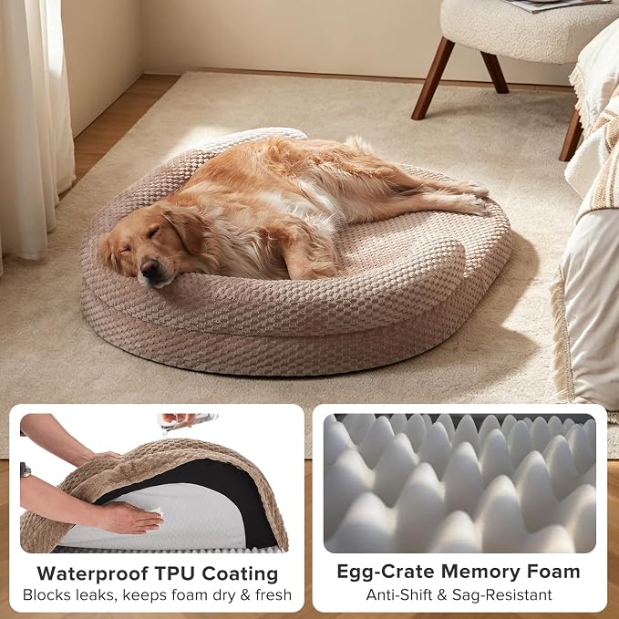 JOEJOY XXL Orthopedic Dog Beds, Extra Large Washable Waterproof Oval Dog Bed with with Removable Cover, Egg-Crate Memory Foam Pet Bed with Bolster Sides & Non-Skid Bottom, Brown, 48''x35''