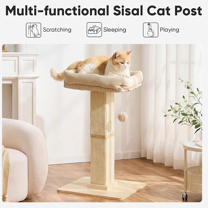 FUKUMARU Cat Scratching Post, Modern Style Tall Scratch Posts with Perch for Indoor Cats Adults, Large Cat Scratcher Tower with Bed, Small Tree with Raised Stand, Natural Sisal & Solid Wood