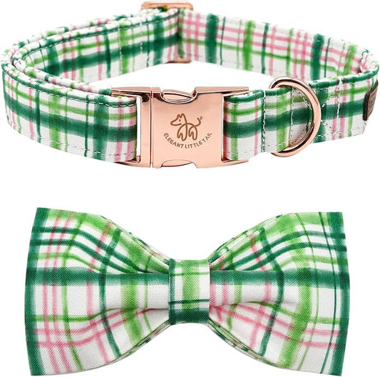 Elegant little tail Dog Collar with Bow - Pink with Green Plaid Boy or Girl Dog Collar Cute Bowtie Pet Collar Adjustable Dog Collar for Large Dogs