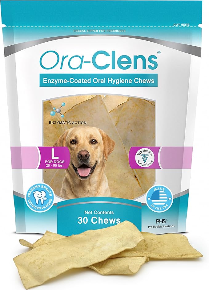 Oral Hygiene Chews for Large Dogs-Enzymatic Dental Treats for Daily Oral Care, Cleans Teeth and Freshens Breath, Reduces Plaque, Bacteria and Tartar Build Up Without Brushing-30 Chews