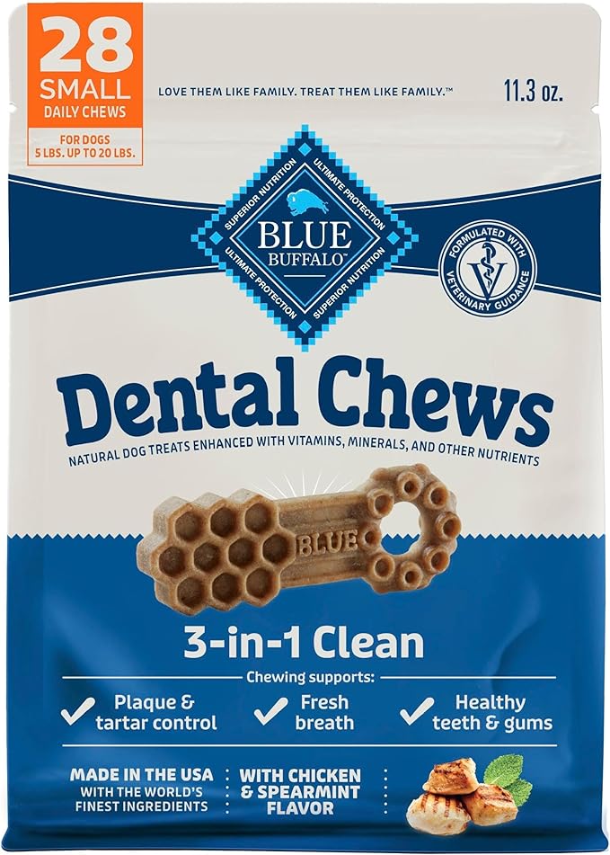 Blue Buffalo Natural Dental Chews for Small Dogs 5-20 lbs., Chicken & Spearmint, Daily Teeth Cleaning Dog Treats, Enhanced with Vitamins & Minerals, 11.3-oz. Bag (28 Treat Count)