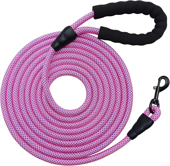 MayPaw Heavy Duty Rope Dog Leash, 3/4/5/6/7/8/10/12/15 FT Nylon Pet Leash, Soft Padded Handle Thick Lead Leashes for Large Medium Dogs (Pink-Blue dot, 1/2" * 20')