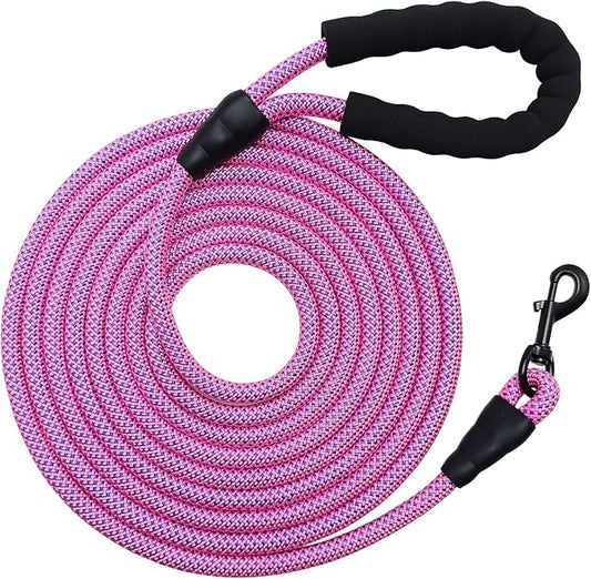 MayPaw Heavy Duty Rope Dog Leash, 3/4/5/6/7/8/10/12/15 FT Nylon Pet Leash, Soft Padded Handle Thick Lead Leashes for Large Medium Dogs (Pink-Blue dot, 1/2" * 20')