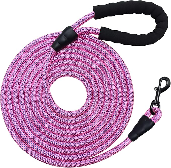 MayPaw 3/6/8/10/12/15/20 FT Rope Dog Leash, Soft Padded Handle Long Dog Leash, Thick Nylon Pet Lead Leashes for Large Medium Dogs (15ft x 1/2", Pink-Blue dot)