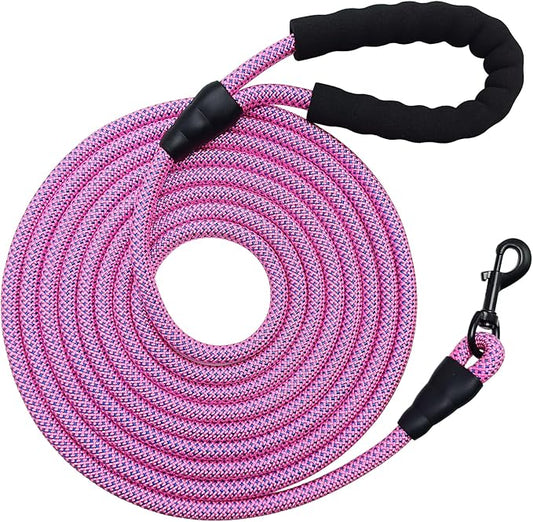 MayPaw 3/6/8/10/12/15/20 FT Rope Dog Leash, Soft Padded Handle Long Dog Leash, Thick Nylon Pet Lead Leashes for Large Medium Dogs (15ft x 1/2", Pink-Blue dot)