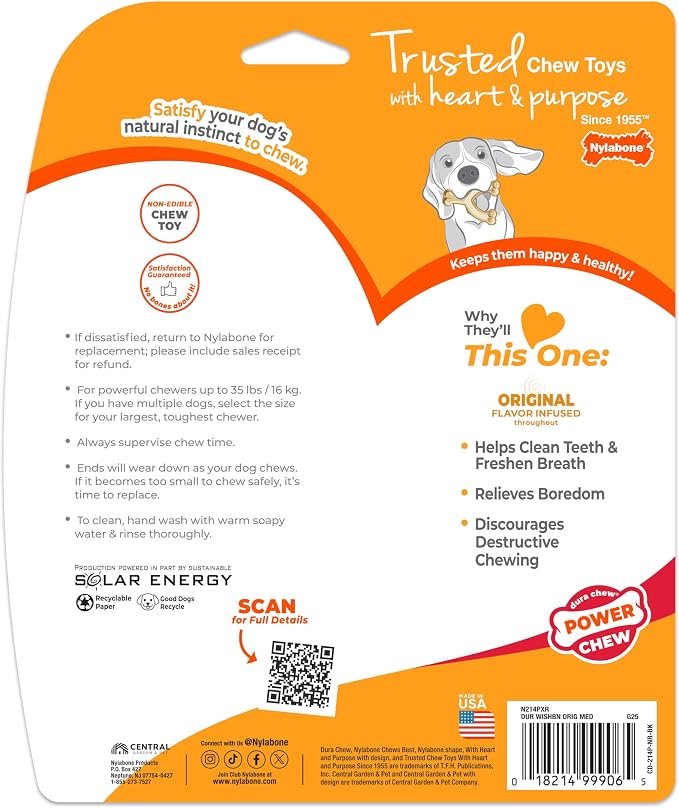 Nylabone Original Wishbone Power Chew Toy for Dogs, Dog Toys for Aggressive Chewers, Original Flavor, Medium - Up to 35 lbs, 1 Count