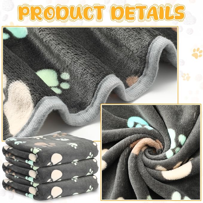 Tegeme 12 Pcs Pet Blankets 41 x 30 Inch Soft Fluffy Fleece Dog Cat Warm Paw Print Pattern Blankets Flannel Throw for Pets Dog Puppy Cat(Gray)
