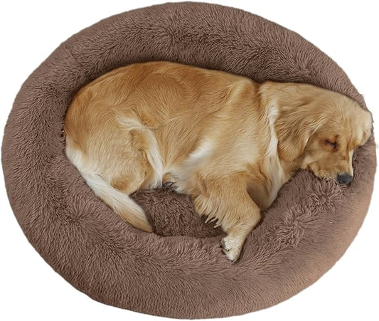 Bunlitent 39'' inch Calming Dog Bed, Plush Anti-Anxiety Donut Dog Bed for Medium Large Dogs, Warming Cozy Soft Cute Round Washable, Marshmallow Cuddler Nest Pet Bed, Brown