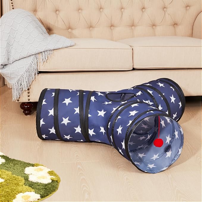Tempcore Cat Tunnel for Indoor Cats, 3 Way Collapsible Pet Play Tunnel with Teaser Wand, Peek Holes & Hanging Ball, Interactive Tube for Kittens & Rabbits, Pentagram Printed