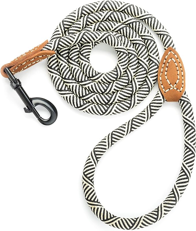Mile High Life Rope Leash with Genuine Leather Connection, 6 FT/5 FT/4 FT, Heavy Duty Leash for Medium & Large Dogs (Black Beige, 60 Inch)