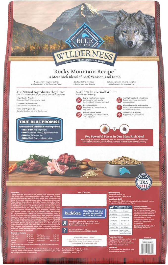 Blue Buffalo Wilderness Rocky Mountain Recipe Adult Dry Dog Food with Red Meat & Wholesome Grains, 34g Protein, Vibrant Energy for an Active Life, Made with Natural Ingredients, 24 lbs.