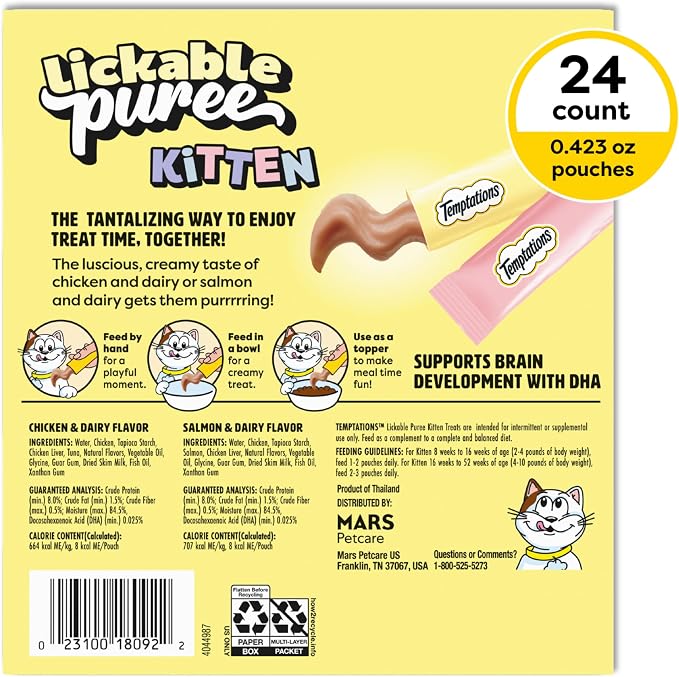Temptations Puree Kitten Treats Lickable, Chicken and Salmon Variety Pack, 24 Pouches