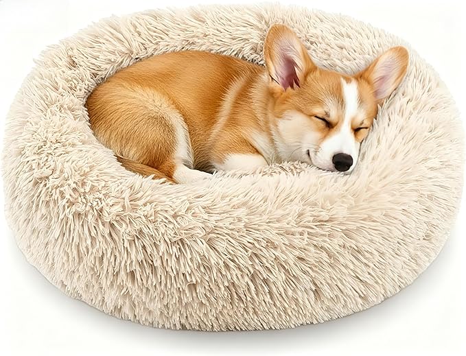 Calming Anti-Anxiety Donuts Dog And Cat Bed, Round Fluffy Soft Washable Small Medium Pet Bed For Puppy And Kitten, Cuddler Warming Comfortable Luxury Anti-Slip Waterproof Mute Base 24in Light-Brown