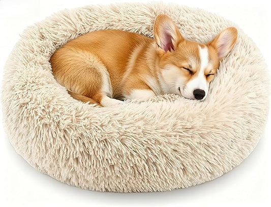 Calming Donut Dog and Cat Bed for Indoor Cats, Anti-Anxiety Round Fluffy Soft Washable Small Pet Bed for Puppy and Kitten, Warming Comfortable Luxury Anti-Slip Waterproof Mute Base 20in Light Brown