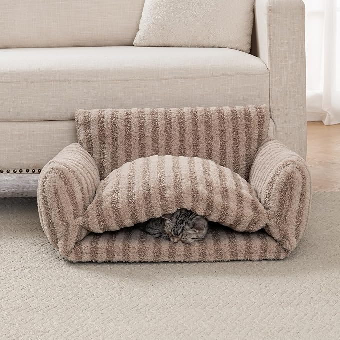 Hollypet Cat Bed Fluffy Plush Multifunctional Double-Layer Machine Washable Soft Warming Kitty Pet Couch Orthopedic Nest Beds for Small Cats Kitten and Dogs up to 13lbs, Khaki(25x20x13 inch)
