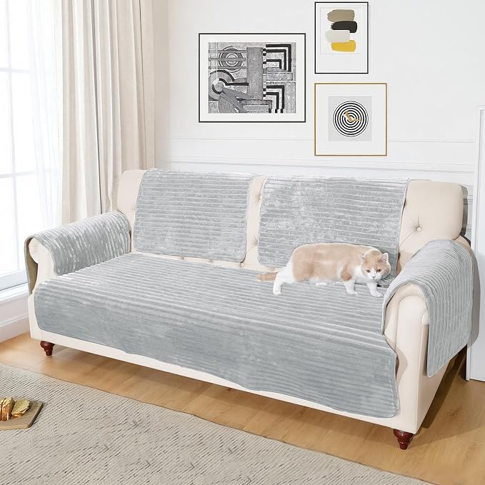 NAISI Couch Covers for Dogs Waterproof Flannel Striped Sofa Cover Pet Friendly Washable Dog Mat for Couch Anti Slip Sectional Sofa Slipcover Protector(1pc/27"x 27",Light Grey)