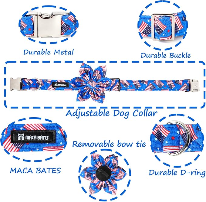 Maca Bates American Flag 4th of July Dog Collar with Flower Bow 4 of 7 for Dogs Adjustable Durable Flags Patriotic USA Collars Summer Independence Day for Small Medium Large XL Boy Girl Puppy