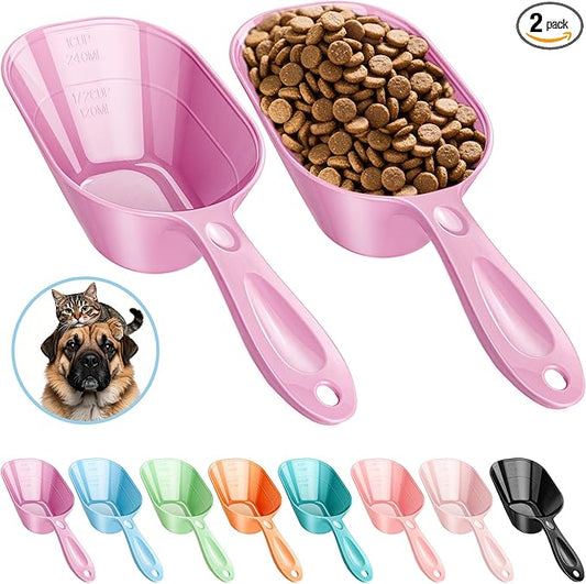 Dog Food Scoop 2 Pack, Pet Cup Capacity Cat Food Scooper With Measuring Lines For Dog, Puppy and Cat Coffee Bean, Flour Scoop Purple