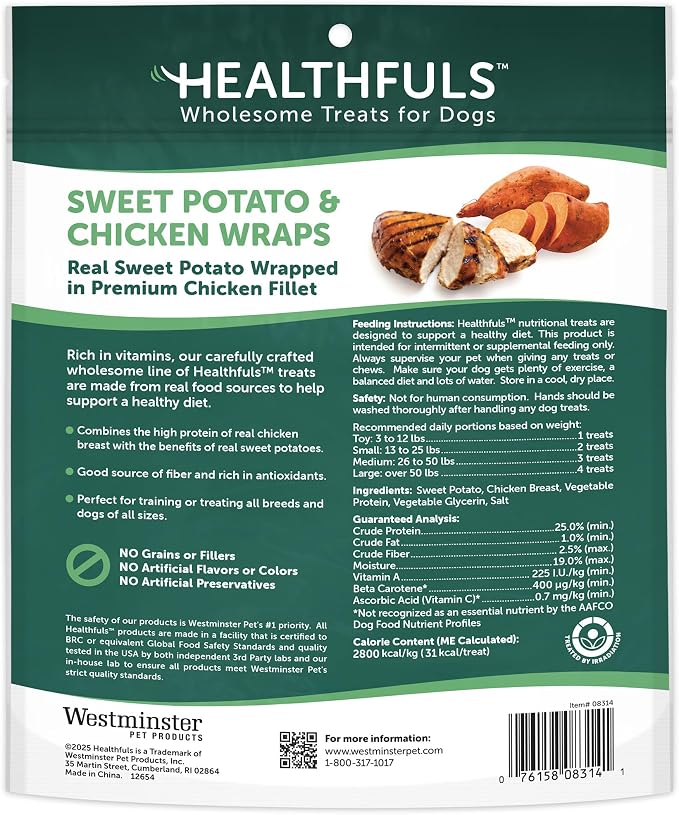 HEALTHFULS Chicken-Wrapped Sweet Potato Treats, 25 oz - Healthy, Protein Rich Treats for Dogs - Long Lasting Dog Chews
