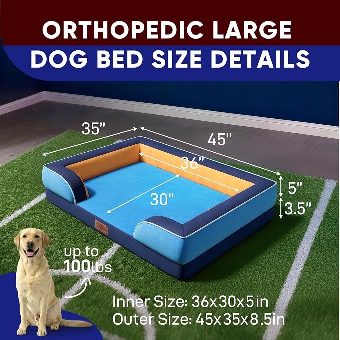 Comfort Expression Orthopedic Dog Bed for Extra Large Dogs 45x35 Inch, Waterproof Egg Crate Foam XL Pet Bed with Bolsters, Dog Couch with Washable Cover & Non-Slip Bottom, Houston