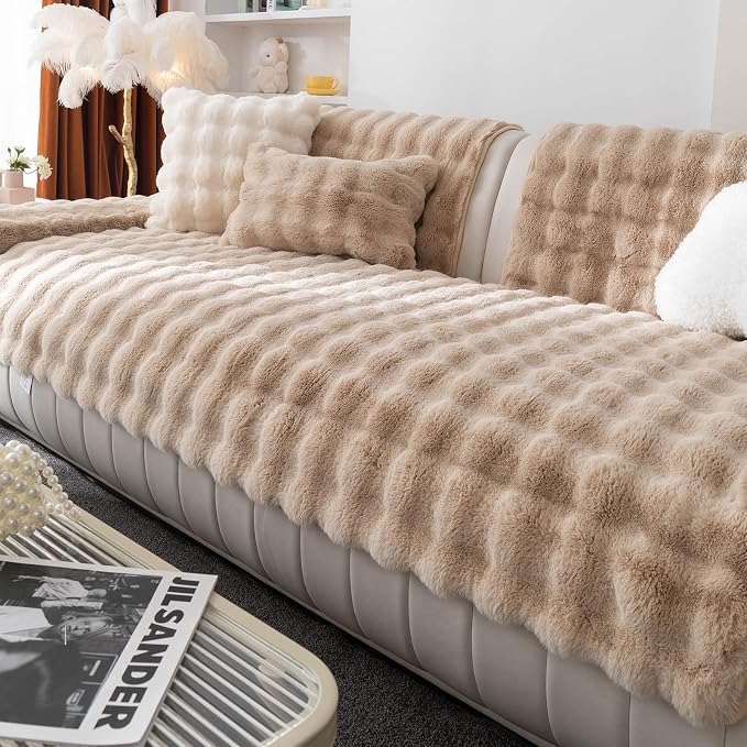 Faux Fur Couch Cover, Soft Warm Plush Sofa Couch Cover, Non Slip Sectional Sofa Slipcovers for L Shaped, Washable Furniture Protector for Kids, Dogs(Khaki, 36"x 71")