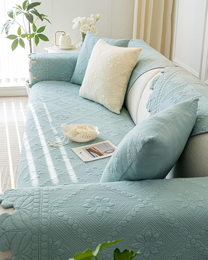 Cotton Quilted Dog Couch Cover for Sofa Farmhouse Rustic Embroidery Sectional Couch Cover Soft Anti-Slip Sofa Slipcover Furniture Protector for Kids, Pets (Blue,43"x43")