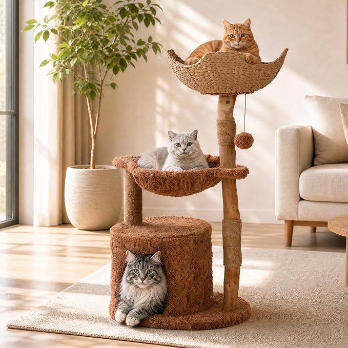 PAWZ Road Modern Cat Tree with Natural Solid Wood Scratching Post, 40 Inches Cat Tower with Large Wicker Basket,Spacious Hammock,Luxury Condo for Indoor Cats，Brown