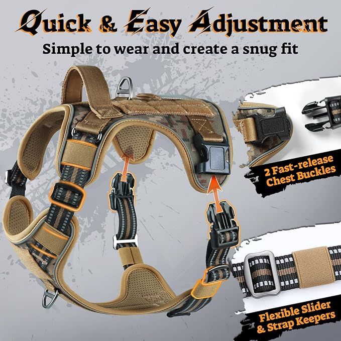 rabbitgoo Tactical Dog Harness for Large Dogs No Pull Adjustable Military Vest with Handle MOLLE Reflective Heavy Duty Dog Vest for Walking Training Hunting Outdoor Medium Size Dog Desert Camo L