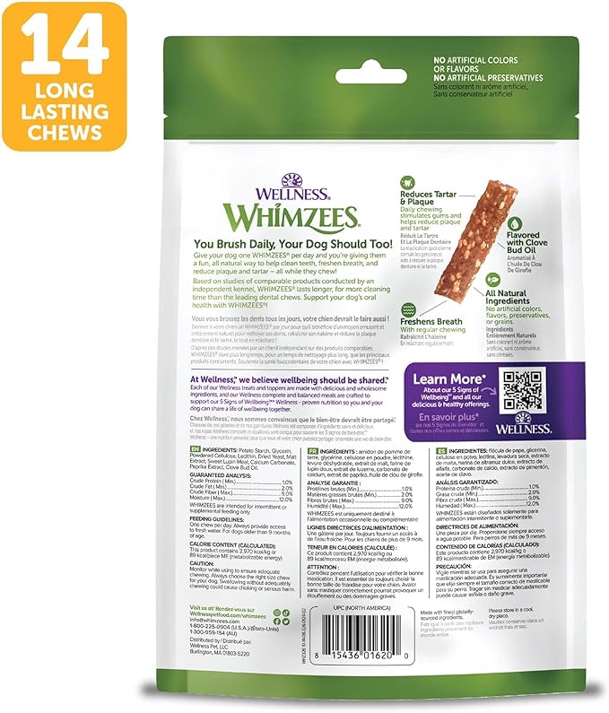 Whimzees Wellness Veggie Strip Natural Dog Dental Treat, Chews, Freshens Breath, Medium Size, 14.81 oz Bag, 14 Count