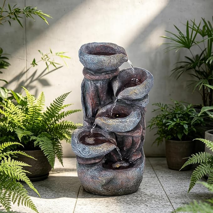 Solarbloom 19.9" H Water Fountain Outdoor/Indoor, Garden Fountain, 5-Tiers Cascading Stacked Stone Bowl Waterfall Fountain with LED Lights for Patio Yard Deck Decor