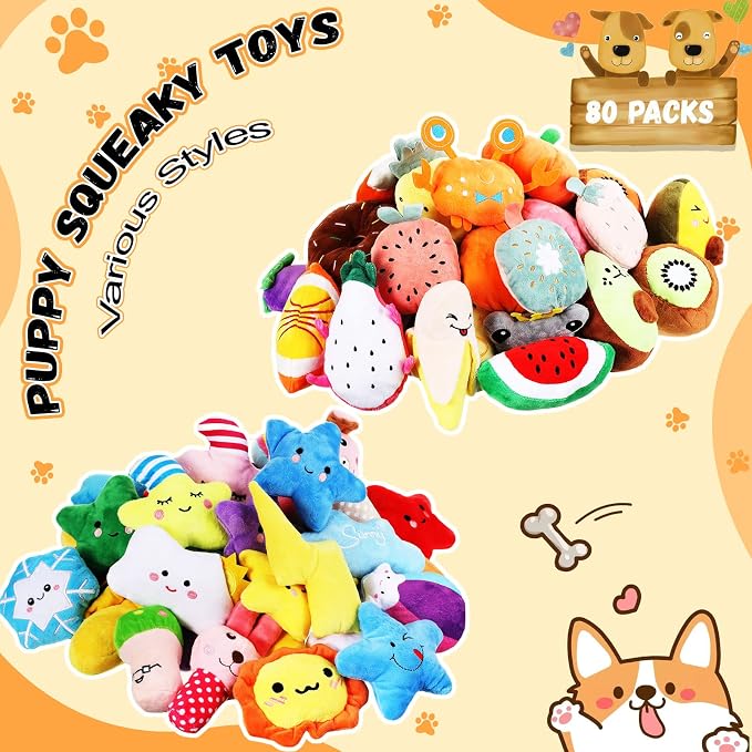 Hungdao 80 Pcs Dog Squeaky Toys Bulk for Small Dog Cute Plush Stuffed Puppy Chew Teething Toys Pet Bundle Easter Gift for Chewing Cleaning & Interactive Play