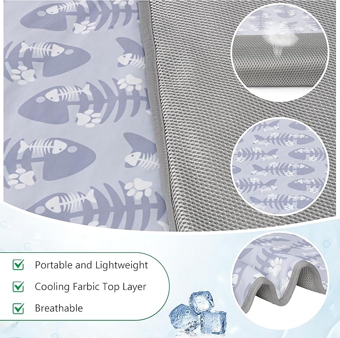 DELIFUR Dog Cooling Mat- Pet Cooling Mat Outdoor for Dogs Ice Pad for Puppy Small Medium Dog Machine Washable (Large, Grey Fishbone)