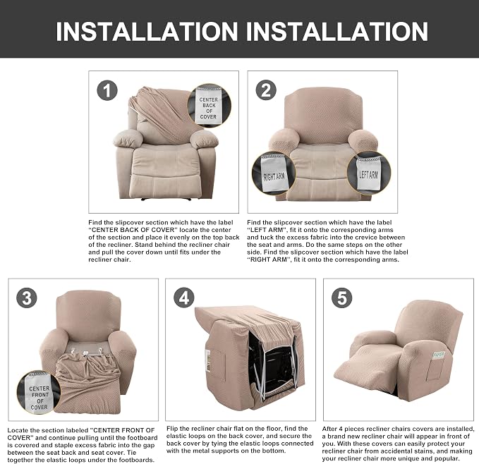 Genina Recliner Chair Covers, Stretch Reclining Chair Cover, Recliner Sofa Slipcovers Stripe Jacquard Lazy Couch Covers Furniture Protector Covers for Pet Kid (Taupe, 1 Seater)