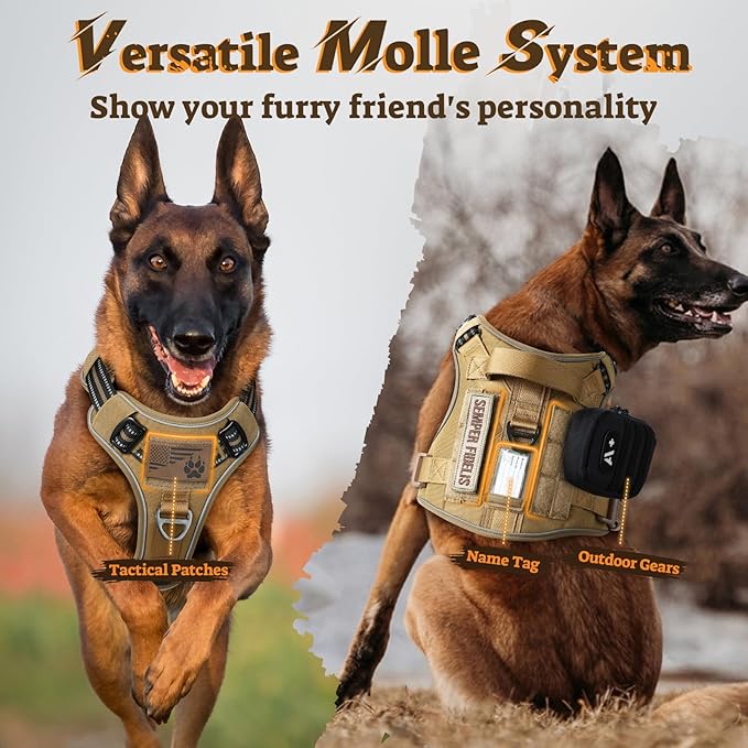 rabbitgoo Tactical Dog Harness for Small Dogs No Pull Adjustable Military Vest with Handle MOLLE Reflective Heavy Duty Dog Vest for Walking Training Hunting Outdoor Working Medium Size Dog Brown S