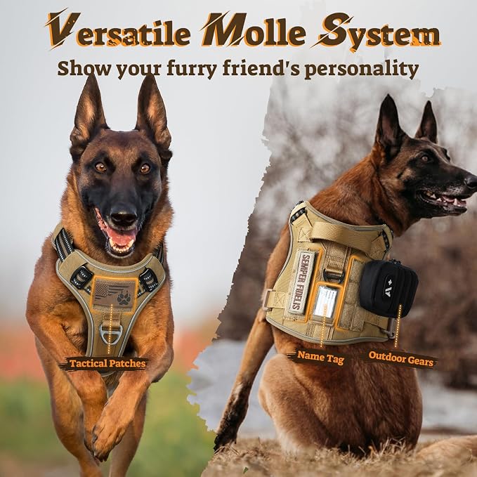 rabbitgoo Tactical Dog Harness for Large Dogs No Pull Adjustable Military Vest with Handle MOLLE Reflective Heavy Duty Dog Vest for Walking Training Hunting Outdoor Working Medium Size Dog Brown XL