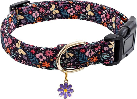 Faygarsle Cotton Designer Dogs Collar Cute Flower Dog Collars for Girl Female Small Medium Large Dogs with Purple Flower Charms S