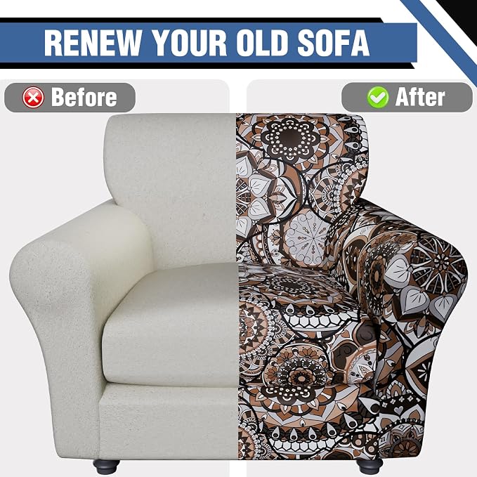 Stretch Chair Covers Armchair Couch Slipcovers 2 Piece,Washable Floral Arm Chair Sofa Covers Furniture Protector with Separate Couch Cushion Slipcover for Living Room(Armchair,Brown Texture)