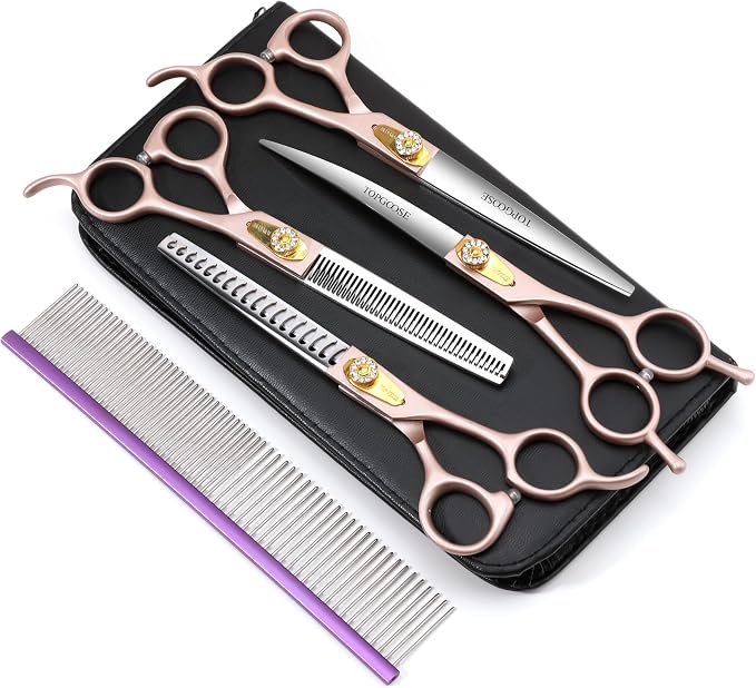 7.5‘’ Professional Dog Grooming Scissors Set 440C Stainless Steel Straight Thinning Curved Chunker Shears 4PCS Set for Pet Grooming Services Dogs and Cats (Rose Gold, Set)