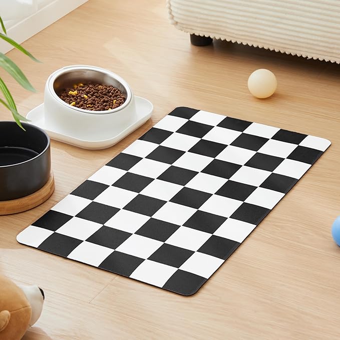 Checkered Dog Feeding Mat, Absorbent Mats for Dog Food and Water Bowl, Dispenser, Modern Aesthetic Black White Checkerboard Pet Placemat for Dogs, Cats, Puppy Accessories, 12" X19”