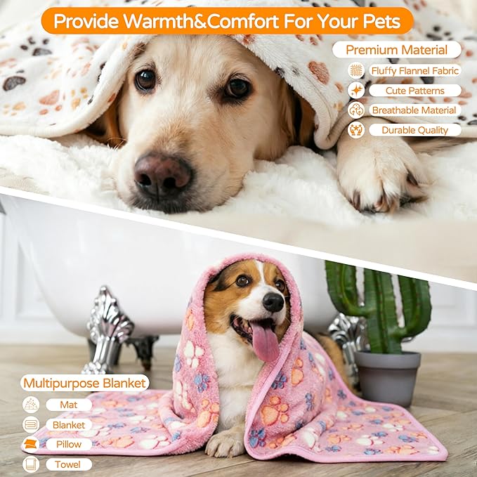 1 Pack 3 Blankets Premium Soft Fluffy Pet Flannel Blanket, Paw Printed Throw for Dogs, Cats and Puppies (Cute Paw Set, 41×31 inch, Pack of 3)