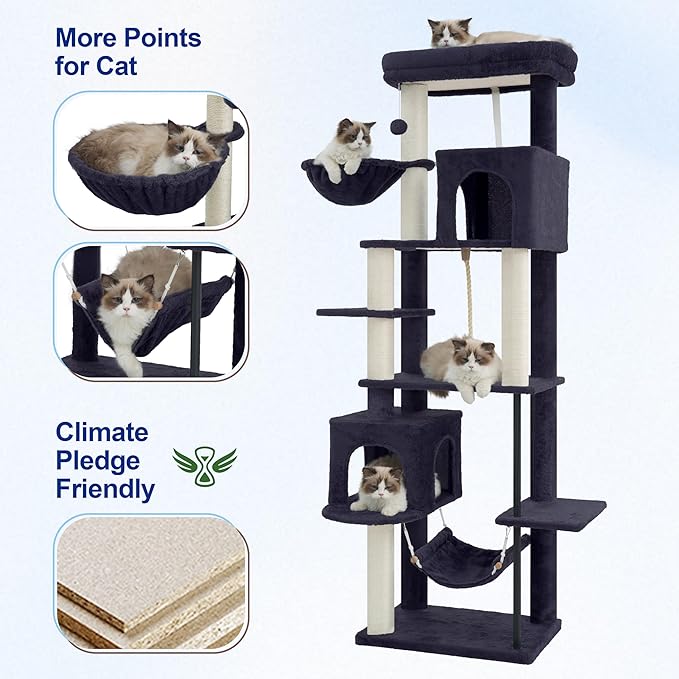 Gitelsnour Cat Tree for Indoor Cats Large Adult, 70.5'' Cat Tower with Scratching Post, Sturdy Steel Pube Cat Tree Tower with Large Playing Platfrom, Hammock and Basket, Top Perch, Drak Gray GCT024G