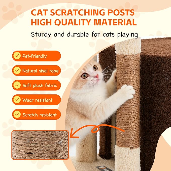 Cat Tree for Indoor Cats, 39.8-inch Cat Tower with 2 Plush Perches for Play & Rest, 1 Cozy Hideaway, Dangling Toy & Full Sisal Scratching Posts for Small Cats, Brown