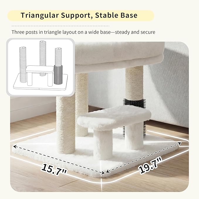 Heybly Cat Scratching Post, Small Cat Tree Tower with 3 Full Sisal Posts, Removable Plush Bed, Grooming Brush, Stable & Space-Saving Cat Furniture with Gentle Step for Indoor Cats, White HSP001SWH
