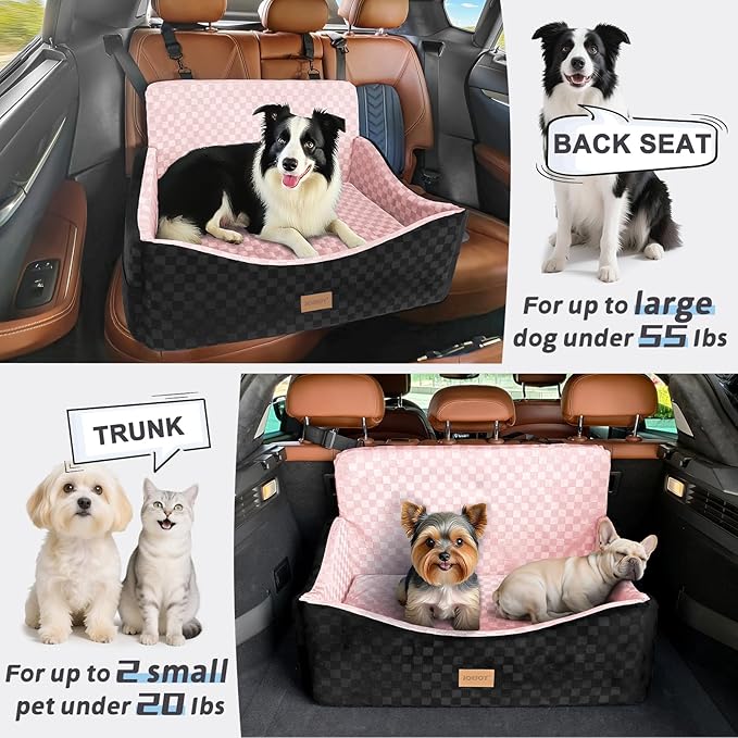 JOEJOY Dog Car Seat for Medium/Large Dogs - Reversible Dual-Sided Travel Dog Car Bed with Memory Foam, Washable Pet Booster Seat for Dogs up to 55 lbs or 2 Small Dogs, 2 Safety Leashes, Pink